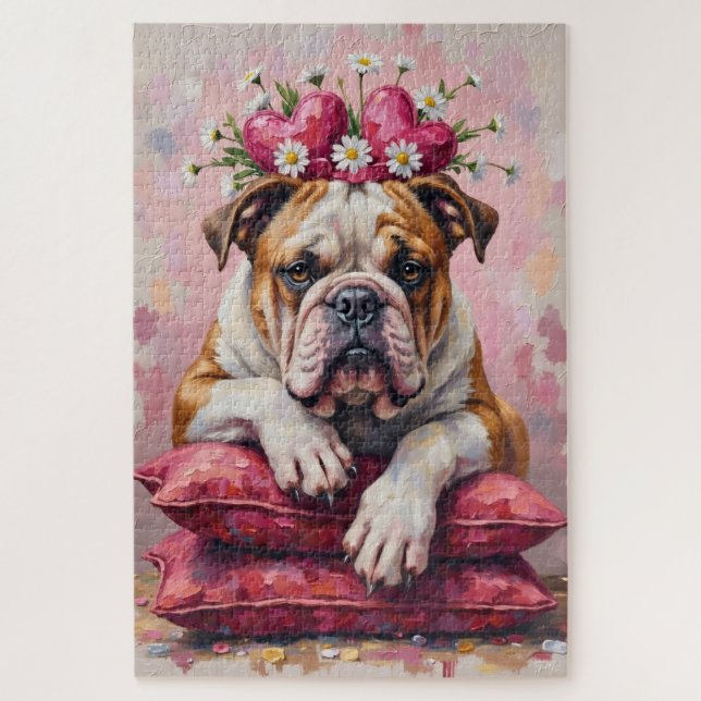 Bulldog Dog Valentine's Day Heart Ribbon Crown Jigsaw Puzzle (Vertical)