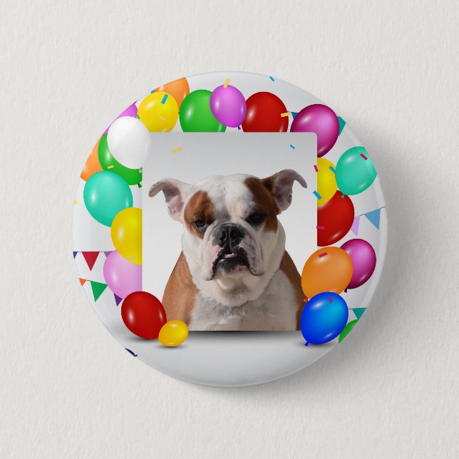 Bulldog Dog with colourful Balloons Birthday Theme 6 Cm Round Badge (Front)