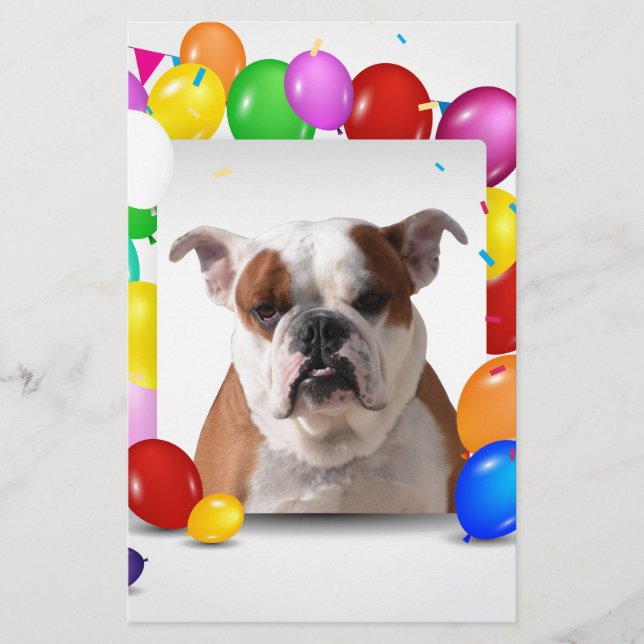 Bulldog Dog with colourful Balloons Birthday Theme Stationery (Front)
