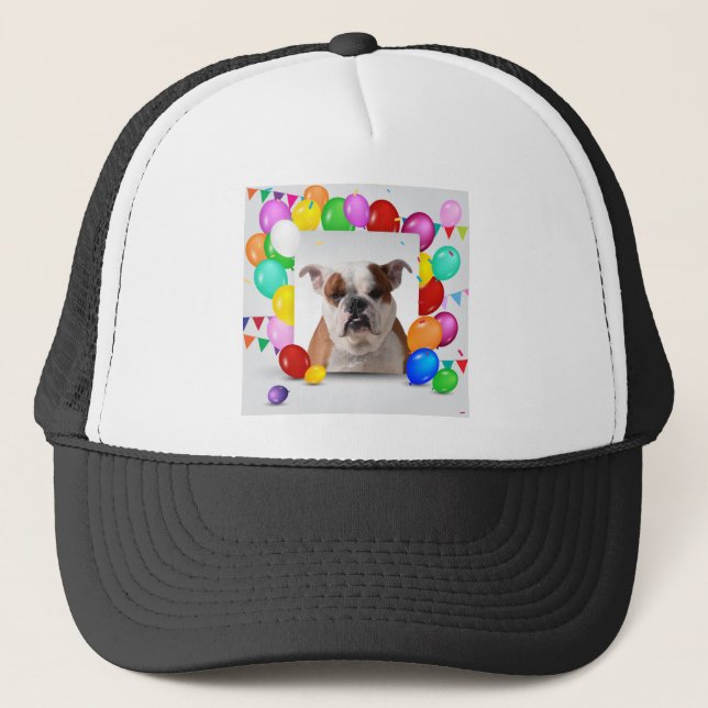 Bulldog Dog with colourful Balloons Birthday Theme Trucker Hat (Front)