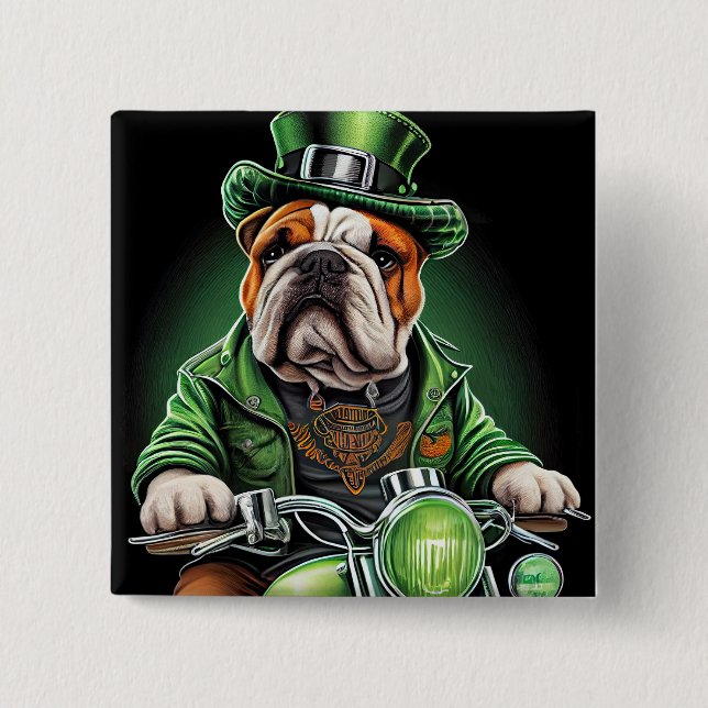Bulldog Driving Bike St. Patrick's Day 15 Cm Square Badge (Front)