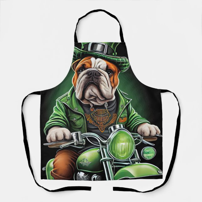 Bulldog Driving Bike St. Patrick's Day Apron (Front)