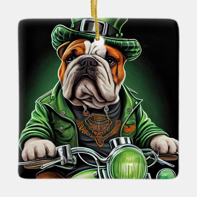 Bulldog Driving Bike St. Patrick's Day Ceramic Ornament (Front)