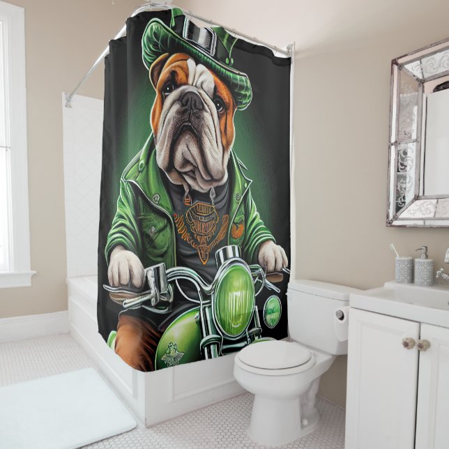 Bulldog Driving Bike St. Patrick's Day Shower Curtain (In Situ)