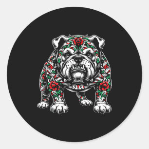 Bulldog Floral Red Rose Mens Womens  Classic Round Sticker