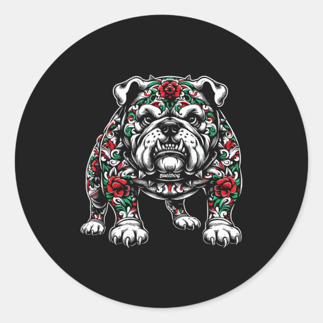 Bulldog Floral Red Rose Mens Womens  Classic Round Sticker (Front)