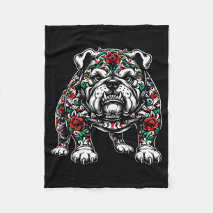 Bulldog Floral Red Rose Mens Womens  Fleece Blanket
