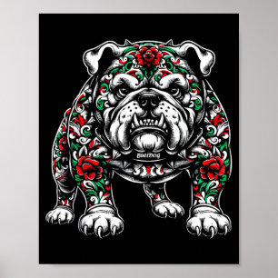 Bulldog Floral Red Rose Mens Womens  Poster