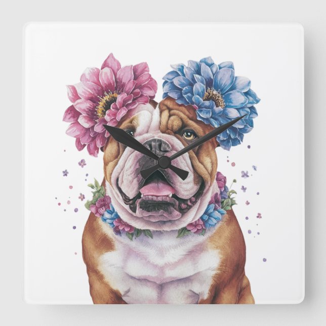 Bulldog Flower Crown Watercolor Print Square Wall Clock (Front)