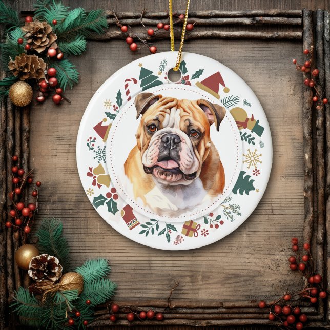 Bulldog Framed in Christmas Images Ceramic Tree Decoration (Creator Uploaded)