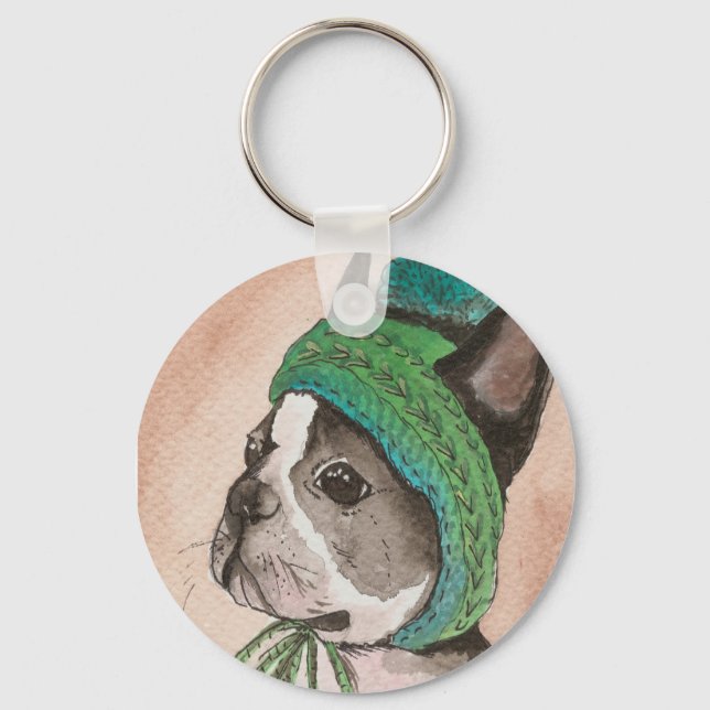 Bulldog Frances con gorro de lana Key Ring (Front)