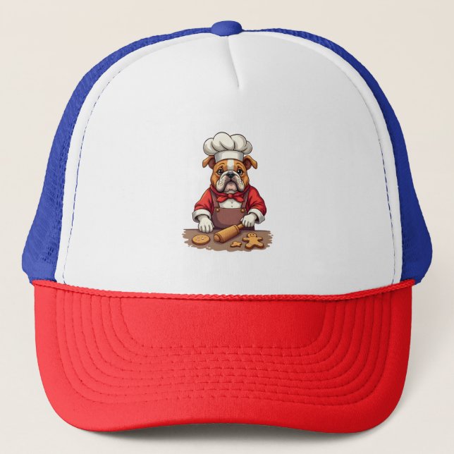 Bulldog Gingerbread Chef dog Trucker Hat (Front)