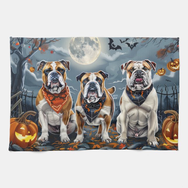 Bulldog Halloween Spooky Tea Towel (Horizontal)