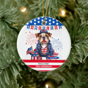 Bulldog Happy 4Th Of July America Independence Day Ceramic Tree Decoration