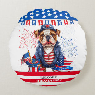 Bulldog Happy 4Th Of July America Independence Day Round Cushion