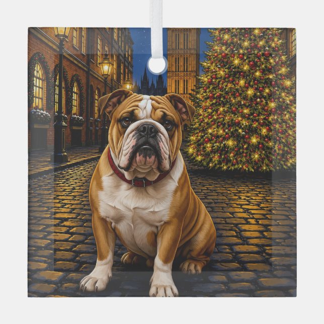 Bulldog Holiday  Glass Tree Decoration (Front)