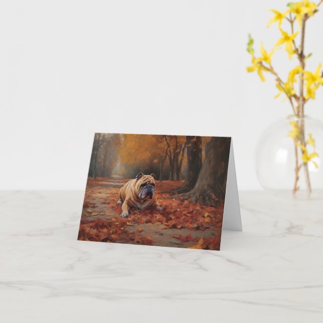 Bulldog in Autumn Leaves Fall Inspire  Card (Yellow Flower)