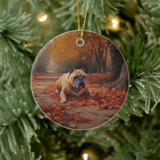 Bulldog in Autumn Leaves Fall Inspire  Ceramic Tree Decoration (Tree)