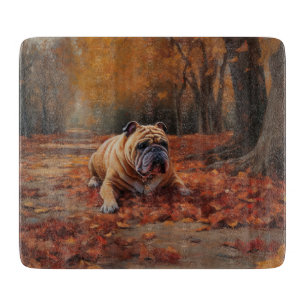 Bulldog in Autumn Leaves Fall Inspire  Cutting Board