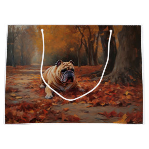 Bulldog in Autumn Leaves Fall Inspire Large Gift Bag