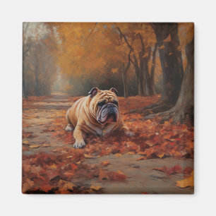 Bulldog in Autumn Leaves Fall Inspire  Magnet
