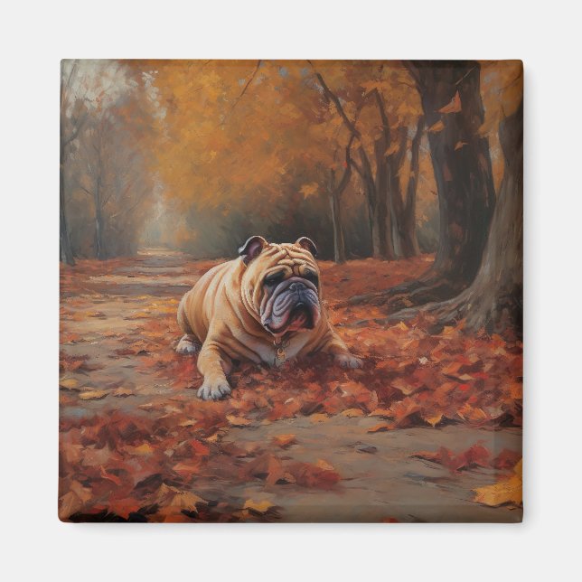Bulldog in Autumn Leaves Fall Inspire  Magnet (Front)