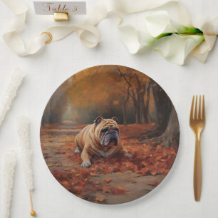 Bulldog in Autumn Leaves Fall Inspire Paper Plate