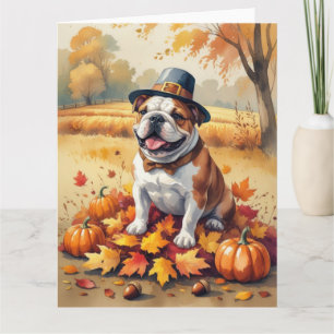 Bulldog In Autumn Leaves Thanksgiving Art Card