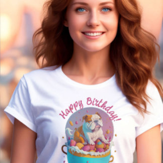 Bulldog in cup Happy Birthday Funny Bulldog Pups T-Shirt