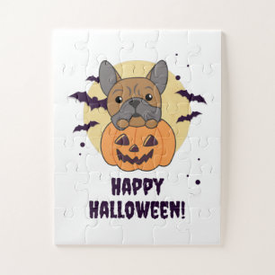 Bulldog In Pumpkin Cute Dogs Happy Halloween Jigsaw Puzzle