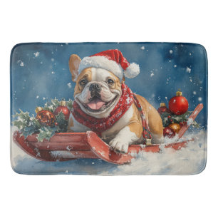 Bulldog in Sledge Let it Snow Christmas Bath Mat