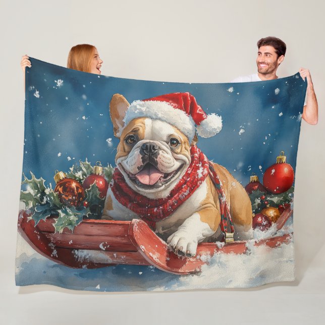 Bulldog in Sledge Let it Snow Christmas Fleece Blanket (In Situ)