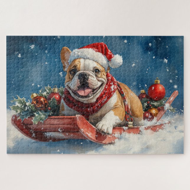 Bulldog in Sledge Let it Snow Christmas Jigsaw Puzzle (Horizontal)