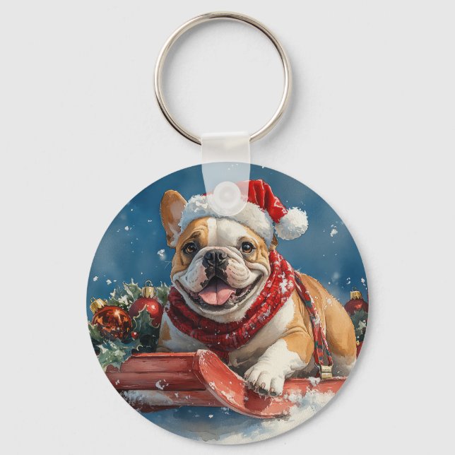 Bulldog in Sledge Let it Snow Christmas Key Ring (Front)