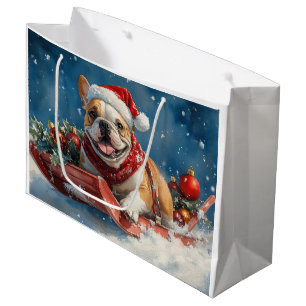 Bulldog in Sledge Let it Snow Christmas Large Gift Bag