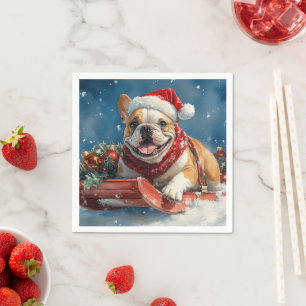 Bulldog in Sledge Let it Snow Christmas Napkin