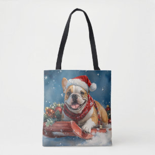 Bulldog in Sledge Let it Snow Christmas Tote Bag