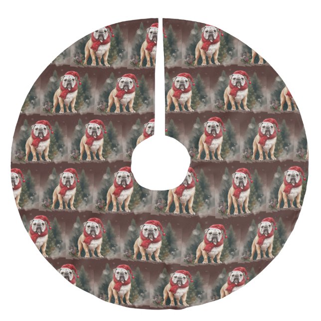 Bulldog in Snow Christmas Brushed Polyester Tree Skirt (Front)