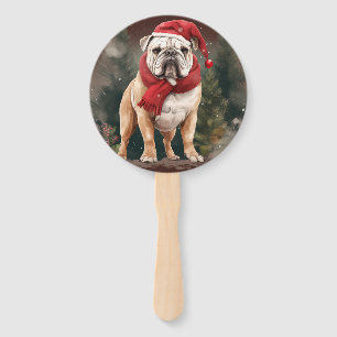Bulldog in Snow Christmas Hand Fan