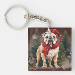 Bulldog in Snow Christmas Key Ring