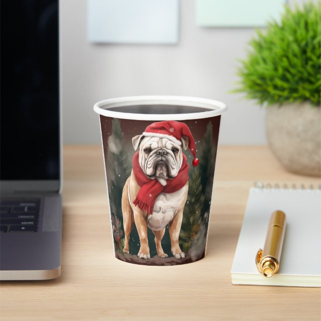 Bulldog in Snow Christmas Paper Cups (Insitu)