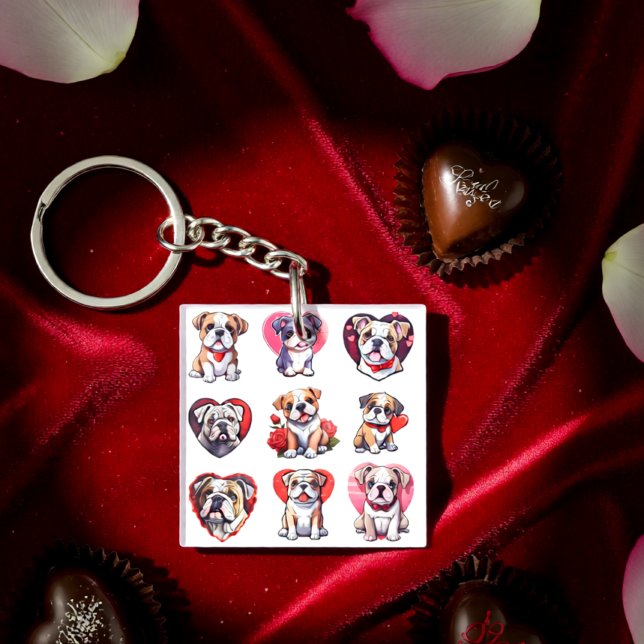 Bulldog Love Hearts Pattern Valentine Dog Key Ring (Bulldog Love Hearts Pattern Valentine Dog Keychain)
