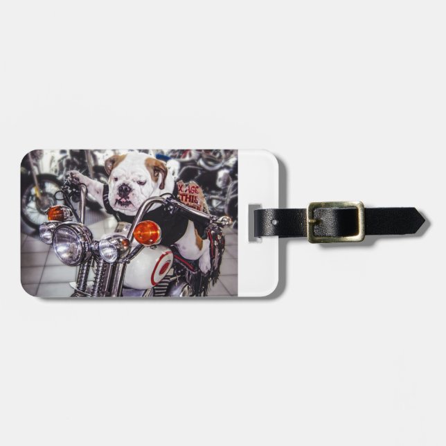 Bulldog on Motorcycle Luggage Tag (Front Horizontal)