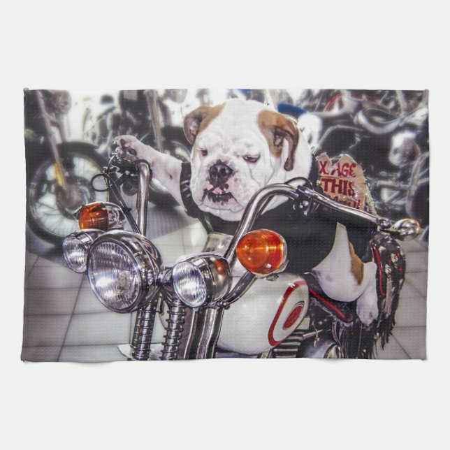 Bulldog on Motorcycle Tea Towel (Horizontal)