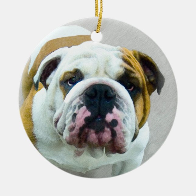 Bulldog Painting - Cute Original Dog Art Ceramic Tree Decoration (Front)