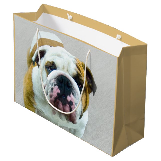 Bulldog Painting - Cute Original Dog Art Large Gift Bag (Back Angled)