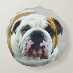 Bulldog Painting - Cute Original Dog Art Round Cushion