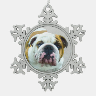 Bulldog Painting - Cute Original Dog Art Snowflake Pewter Christmas Ornament