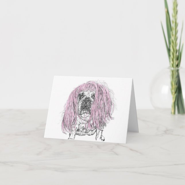 Bulldog Pink Wig Birthday Celebration note Card (Front)