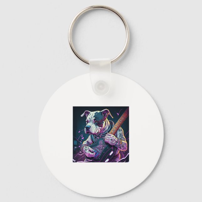 Bulldog Playing Electric Guitar Rock  Key Ring (Front)
